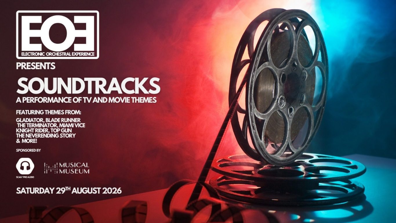 Promotional poster for "Soundtracks" event with film reels and vibrant red and blue background.